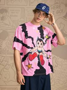 Astro Boy X SHEIN Men's Casual Cartoon Pattern Round Neck Short Sleeve T-Shirt, Summer, 2000s Style - Pink - View 5