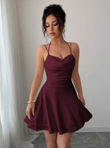 Chiquease 红棕色性感露背无袖褶皱连衣裙，约会夜礼服，俱乐部礼服，生日礼服，返校服装，街头服饰，派对必备，时尚秋季，复古时尚连衣裙，浪漫连衣裙，Y2K 风格，时尚，畅销酒红色迷你连衣裙优雅迷你连衣裙细肩带迷你连衣裙 - 紅木色 - 查看 4