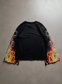 Manfinity EMRG 复古做旧眼睛图案喇叭超大连帽衫，黑橙色，男式图案衬衫，男式火焰衬衫，男式短款图案衬衫，眼睛衬衫，眼睛图案T恤，2000年代风格