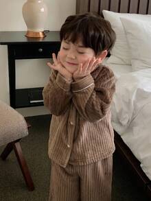 DAZY Pyjama en flanelle de couleur unie confortable à manches longues pour bébés garçons, doublure thermique pour automne/hiver, pour tout-petits - Marron - Voir 5
