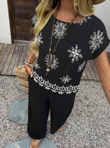 EMERY ROSE Damen Urlaubs-Lässig Geometrisches Muster Top und Hose 2 Stücke Set