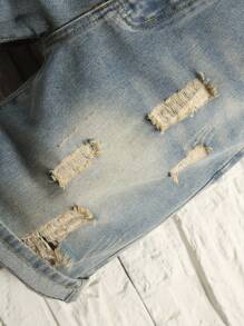 Manfinity Homme 男士纯棉磨破猫抓牛仔短裤纯色深蓝色外出复古朋友男士短款牛仔裤，emo 风格