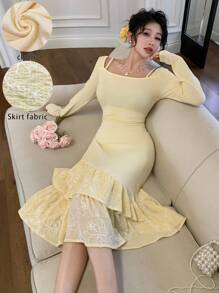 Modelyn 黄色针织刺绣花卉不对称方领腰部收褶连衣裙 - 黃色 - 查看 3