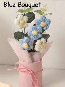 1 套手工编织羊毛人造花束，织物编织假花，包括桶和 6 朵钩针花，适合送给妈妈、妻子、闺蜜朋友、女朋友、母亲节情人节礼物、婚礼纪念品和节日派对家居餐桌装饰礼物