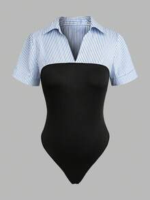 Franclia Combinaison décontractée à manches courtes avec col châle rayé pour femmes grandes tailles - Multicolore - Voir 1