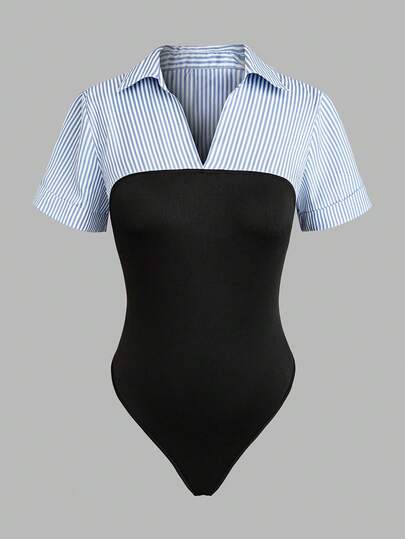 Franclia Plus Size Women Striped Lapel Short Sleeve Casual Bodysuit