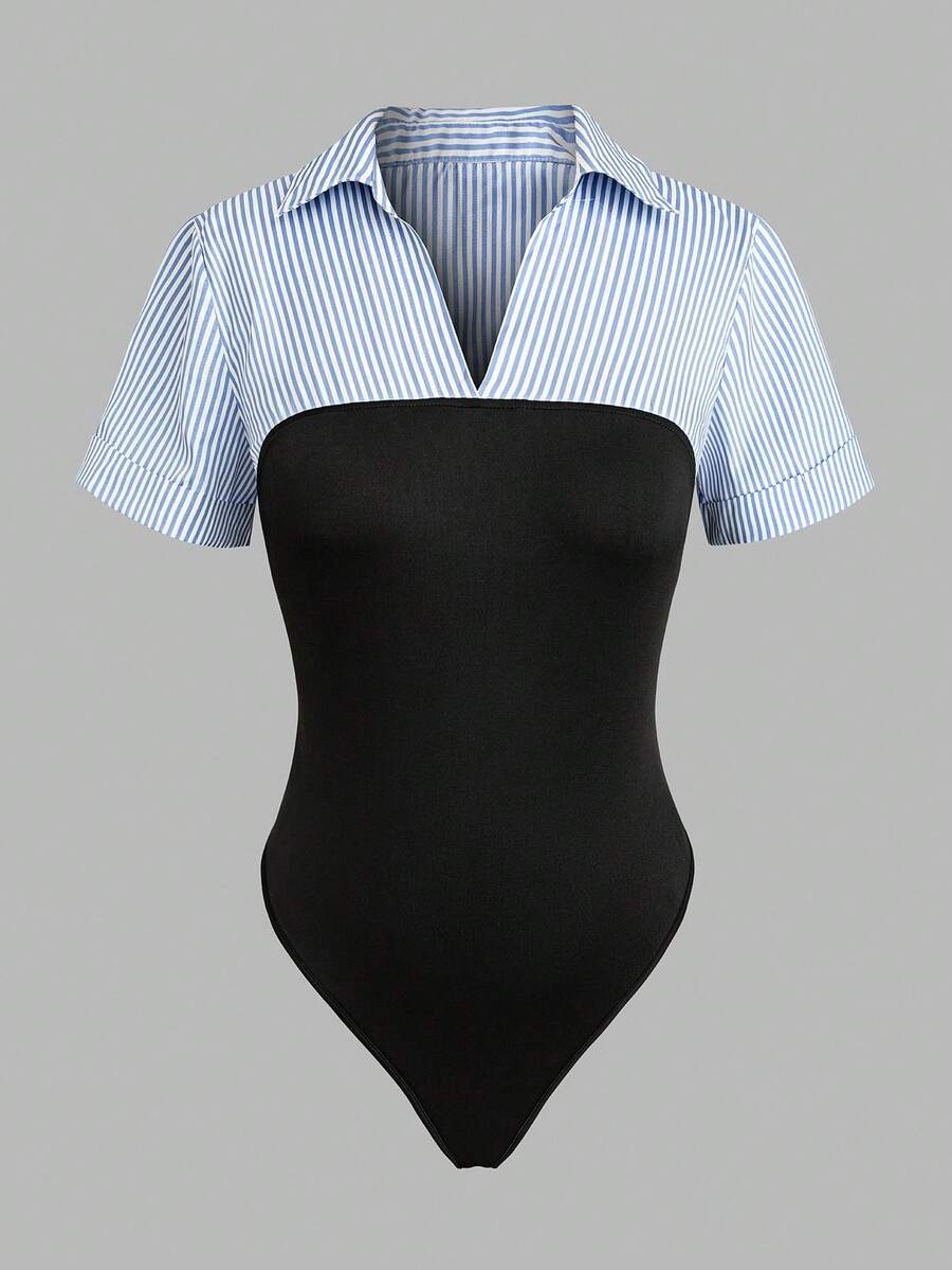 Franclia Combinaison décontractée à manches courtes avec col châle rayé pour femmes grandes tailles - Multicolore - Voir 1