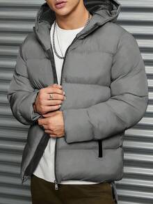 RueChic 1pc Men's Casual Patterned Grid Fabric Slim Fit Padded Coat - Grey - View 3