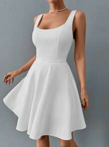 EURMUSE Solid Scoop Neck Flare Hem Dress - White - View 3