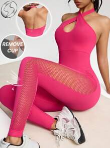Innovista Hot Pink Summer Sexsy Woman Seamless Workout Jumpsuit Built-In Bra Gym Stretchy Yoga Romper Backless Mesh Cutout Breathable Tummy Control Workout Suit - Hot Pink - View 2