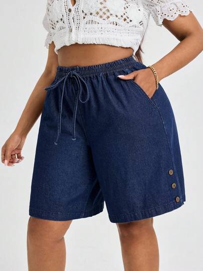 SHEIN SXY 大码女式抽绳腰口袋纽扣设计休闲牛仔短裤