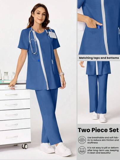 TaskEZ طقم ملابس علوية فضفاضة كاجوال متعددة الجيوب مع تطريز الدانتيل وبنطلون ذو خصر عالي وساق مستقيمة، طقم زي طبي