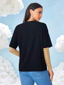 SHEIN X Care Bears Women's Casual Cute Cartoon Bear Print Short Sleeve T-Shirt, Summer - Black - View 2