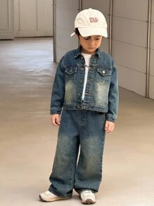 SHEIN 2pcs/Set Young Boy Fall/Winter Vintage Urban Street Cool Style Vintage Distressed Casual Basic Everyday Style Blue Denim Lapel Long Sleeve Loose Fit Jacket And Baggy Jeans Set,For Kids Fall/Winter Clothes,Boys Back-To-School Clothes,Boys Streetwear Outfits,Boys Homecoming Outfits,Boys Halloween Outfits,Toddler Boys Denim Two-Piece Set - Dark Wash - View 5