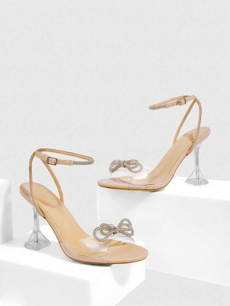 CUCCOO SZL Apricot Metallic Bowknot Fashionable Sexy Ankle Strap Round Toe Glass Heel High Heel Sandals