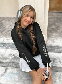 SHEIN 青少年女孩愛心和標語圖案連帽衫