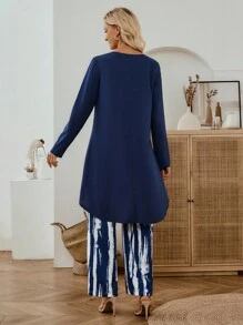 EMERY ROSE 2件套女式休闲前短后长上衣和印花裤套装