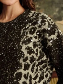 Anewsta Áo len dệt kim cổ tròn tay dài họa tiết da báo đính đá lấp lánh cho nữ - Nhiều màu - Xem 1