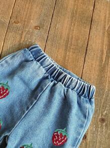 SHEIN Vintaside Kids 2pcs Baby Girls' Spring/Summer Set, Red Round Neck Puff Sleeve Top Paired With Cherry Embroidered Denim Pants, Sweet Style, Versatile For Daily Wear, Outdoor Play, Comfortable Home, And Casual Gatherings - Red - View 7