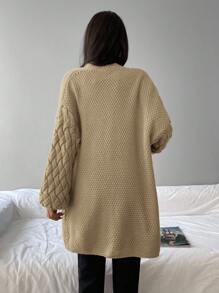 EURMUSE Dual Pocket Drop Shoulder Open Front Cardigan - Camel - View 2
