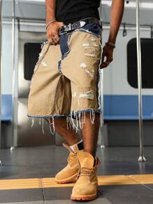 Manfinity EMRG 大码男式美式街头风格撞色做旧磨边水洗牛仔短裤 - 卡其色 - 查看 1