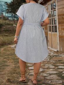SHEIN LUNE Plus Size Women Blue And White Striped Belted Mid-Length Dress - Navy Blue - View 2
