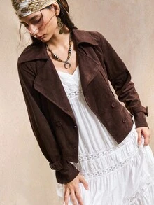 Easelle Cowgirl Women's Western Vintage Bohemia Dark Brown Woven Women's Lapel NeckLong Sleeve Double-Breasted Casual Trench Coat Fall Winter Clothes Women, - Coffee Brown - View 4