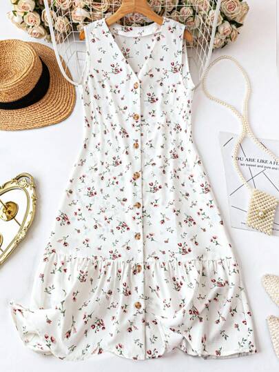 Breezaya Women's Ditsy Floral Casual Sleeveless Dress, Suitable For Vacation And Daily Wear