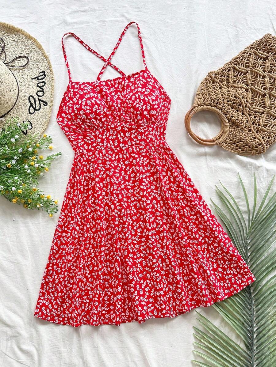 Soleia Ditsy Floral Criss Cross Tie Backless Cami Dress