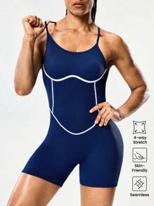 SHEIN Sports Contrasting Trim Open Back Halter Neck Romper Seamless Workout Jumpsuit