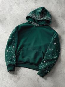 Manfinity Roghcode Manfinity Streetrush Men's Starry Sky Gradient Rhinestone Hoodie Sweatshirt,Green,Autumn,Sequin,Streetwear,Rave Sparkly Embellished Fall Winter - Dark Green - View 4