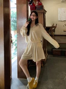 DAZY Conjunto de 2 piezas de camisa con capucha y shorts casuales de estilo japonés para mujer - Albaricoque - Ver 5