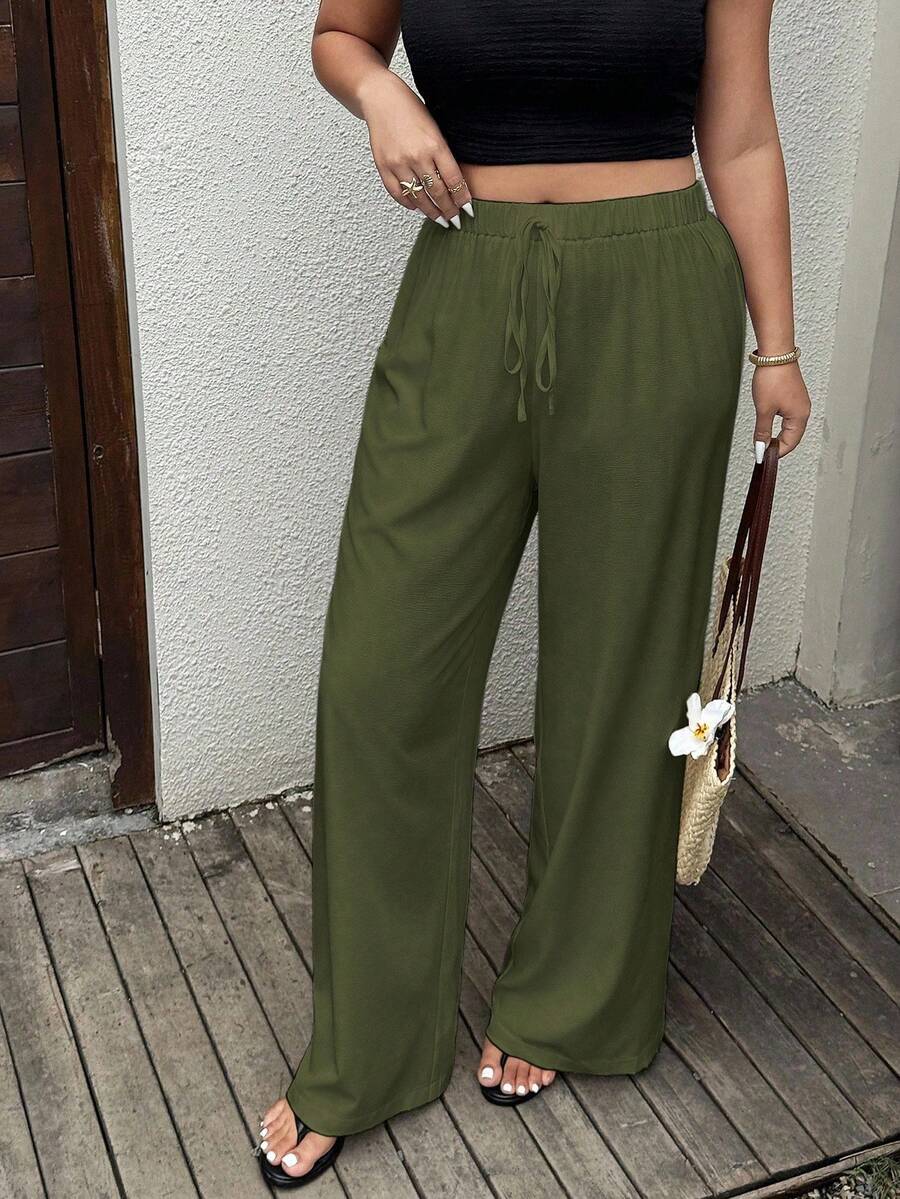SHEIN Tall Plus Size Solid Color Casual Loose Fit Wide Leg Pants Fall Cloth For Women