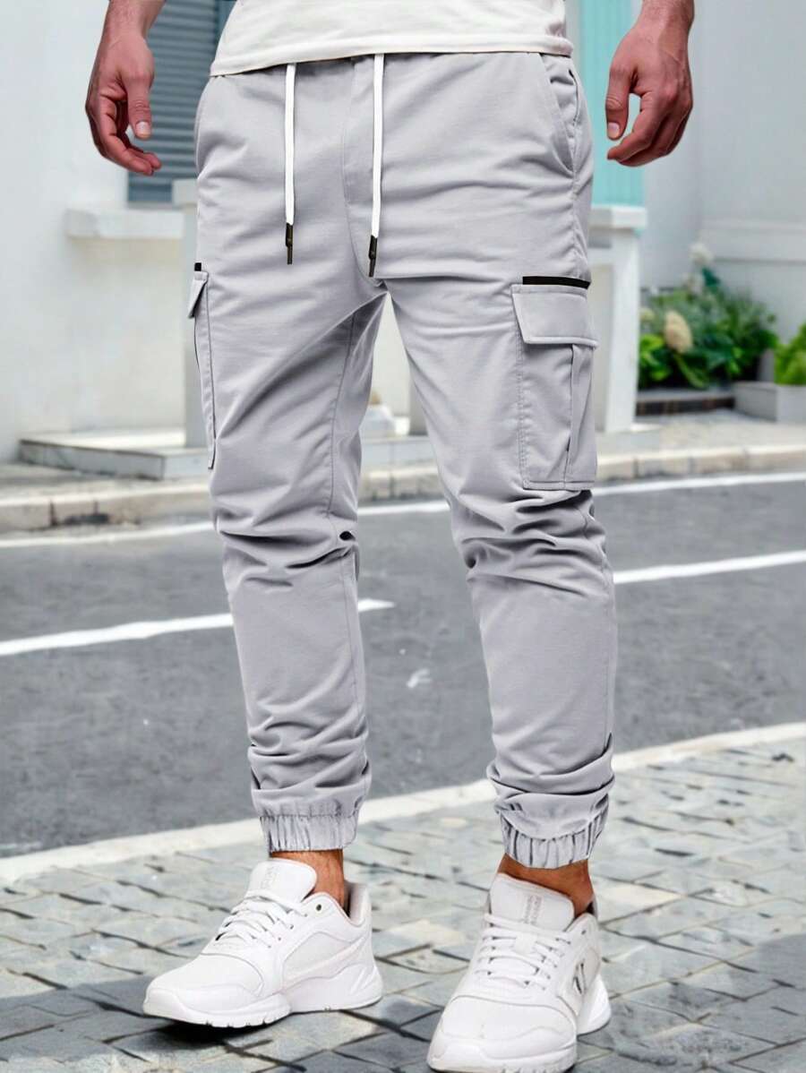 Manfinity Homme 男士成熟街头弹力腰带工装裤男士工装裤灰色工装裤男士男士裤子休闲工装慢跑裤男士灰色慢跑裤，秋季 - 淺灰色 - 查看 1