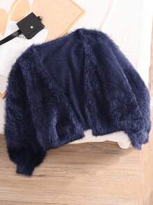 CosyJoli 大码女式毛衣 露肩毛绒短款开衫 短款开衫 海军蓝开衫 毛绒开衫 披肩开衫 秋冬 - 藏蓝色 - 查看 3