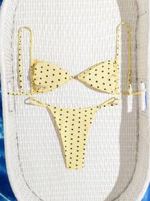 Swim Mod 2pcs Fashionable Yellow Polka Dot & Pearl Decor Sexy Bikini Swimsuit Set For Women, Beach Holiday - Multicolor - View 2