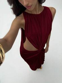 Aloruh 女式纯色褶皱圆领镂空无袖连衣裙 - 酒紅色 - 查看 9