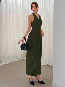 Aloruh 女士情人节挂脖单排扣背心和百褶裙两件套秋冬 - 軍綠色 - 查看 5