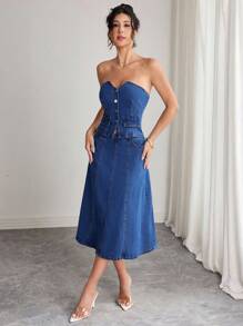 Elenzga Women's Solid Color Casual Denim Tube Dress - Medium Wash - View 4