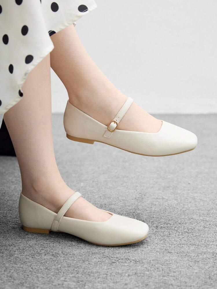 CUCCOO BIZCHIC Women's Beige Square Toe Buckle Strap Flat Mary Jane Shoes, Elegant Slip-On Flats