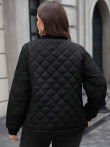 EMERY ROSE Plus Size Black Solid Color Long Sleeve Zip-Up Casual Baseball Jacket,Minimalist Quilted Warm Outerwear For Autumn,Spring,Commuting & Everyday Wear - Black - View 2