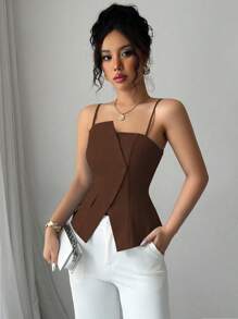 Elenzga 2025新款蓝色不对称设计时尚百搭通勤休闲束腰吊带背心 - 棕色 - 查看 5