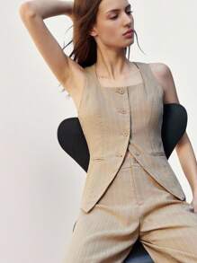 Maija 女士休闲通勤条纹低腰直筒裤 - 卡其色 - 查看 8