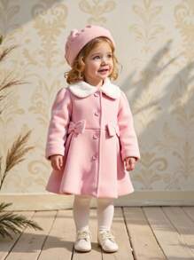 Souflis Souflis Baby Girls' Fluffy Collar Bow Decor Long Sleeve A-Line Woolen Coat. The 3D Bow And Fluffy Collar Design Is Simple Yet Elegant. The Long Sleeve A-Line Silhouette Is Classic And Fashionable. Whether Or Attending A Party, The Baby Will Be The Center Of Attention. Baby Girl Pink Coat Baby Girl Winter Coat Toddler Girl Coat Pink Baby Coat Baby Girl Coat With Fur Collar Fall