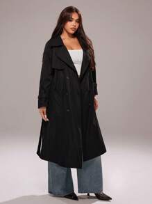 Rustia 大碼西裝領雙排釦腰帶風衣外套