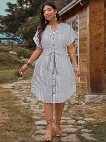 SHEIN LUNE Plus Size Women Blue And White Striped Belted Mid-Length Dress - Navy Blue - View 4
