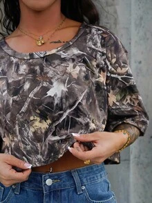 SAYEHFBABY Women's Camo Print Knit Short Sleeve Cropped Top - Multicolor - View 3