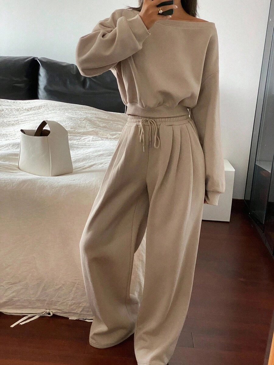 DAZY Women's Casual Off Shoulder Loose Sweatshirt And Wide-Leg Pants 2 Pieces Set, Autumn Lounge Sets For Women - Khaki - View 1
