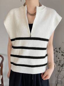 FRIFUL 女士条纹拉链半开襟短袖宽松针织衫 女士针织上衣 夏季针织上衣 条纹针织上衣 短袖毛衣背心 拉链针织上衣 - 黑與白 - 查看 4