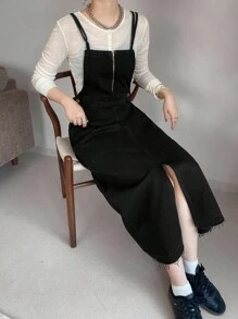 FRIFUL Robe salopette en jean décontractée pour femmes avec fermeture éclair à demi-patte et design de boutons latéraux - Noir - Voir 6